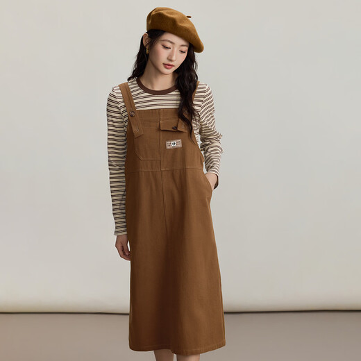 INMAN two-piece set 2025 autumn college retro Maillard striped long-sleeved T-shirt slit suspender skirt light brown S