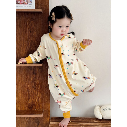 Autumn and winter children's pure cotton split-leg sleeping bag baby brushed home clothes jumpsuit baby girl anti-kick quilt boy baby pajamas yellow puppy H 80 (recommended 70-80cm)