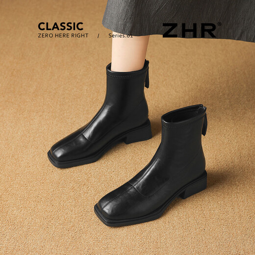 ZHR square toe short boots for women 2025 winter new style plus velvet style small short boots thin boots BL663A black 38