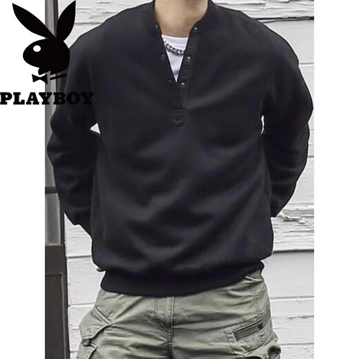 Playboy (PLAYBOY) Japanese retro autumn and winter men's Henry collar long-sleeved shirt warm casual pullover sweatshirt large size gray high quality regular L