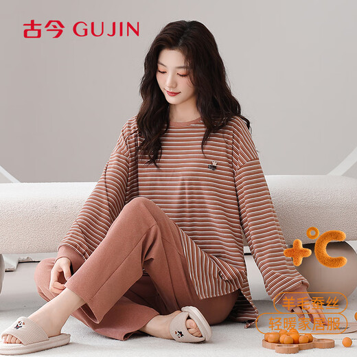 Ancient and modern DeRong wool silk moisturizing women's pajamas women's autumn and winter long-sleeved trousers warm home wear set L