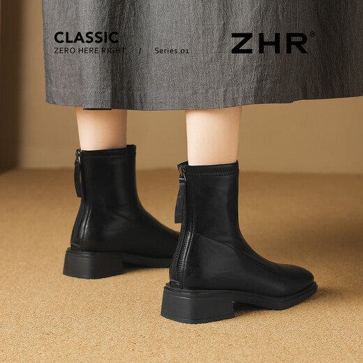 ZHR square toe short boots for women 2025 winter new style plus velvet style small short boots thin boots BL663A black 38