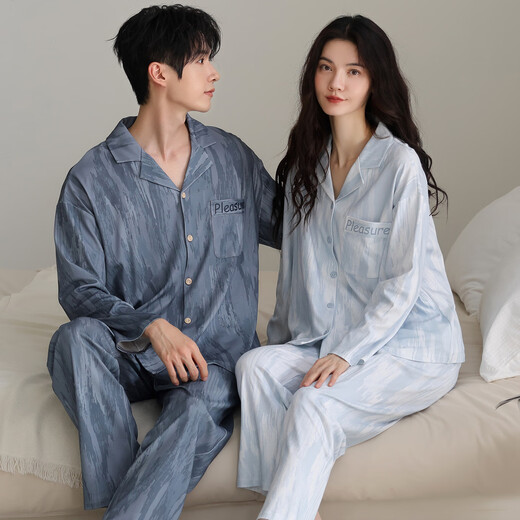 富信康情侣睡衣春秋季纯棉开衫翻领休闲宽松冬天男女士家居服可外穿套装 HC-G9902 3XL -男【高184-188-重175-200】