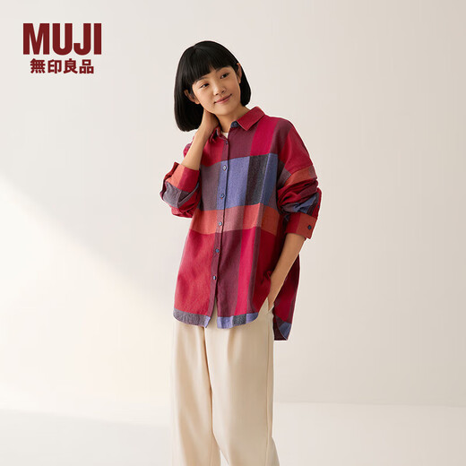 MUJI Women's Flannel Shirt Collar Wide Long Sleeve Shirt Women's Plaid Shirt Jacket Fall 25 BC2BCC5A Red Plaid L (165/88A)