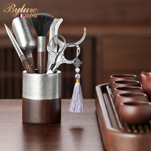 Bylure brand ebony pure titanium tea ceremony six gentlemen set scissors tea table tea table tea making tools tea accessories collection 4 pure titanium midao accessories + walnut coaster set