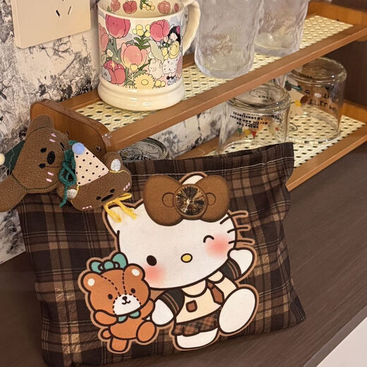 Ins style cartoon portable large capacity cosmetic bag cute clutch bag hellokitty storage bag small retro plaid kitty
