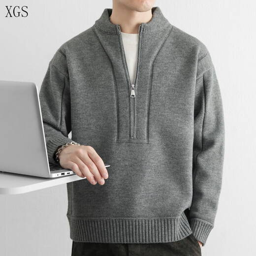 Jiangong high-end Henry collar sweater men's autumn and winter new British style retro half-zip sweater men's thickened sweater Gray M about 95-115 Jin Jin equals 0.5 kg can be worn