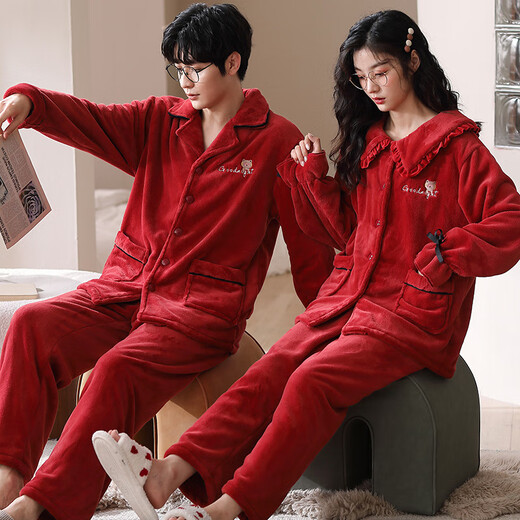 Fenton Pajamas Wedding Newlyweds Couple Set Red Winter Coral Velvet Men's and Women's Exquisite Autumn and Winter Flannel Couple Pajamas MX6620 Female 2XL