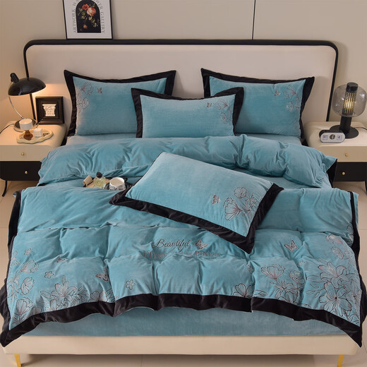 Nanjiren (Nanjiren) Class A baby velvet embroidery four-piece set autumn and winter suede thickened warm new bed sheet quilt cover sketch - light luxury blue Class A health standard 1.8m bed sheet style four-piece set - quilt cover 200*230cm