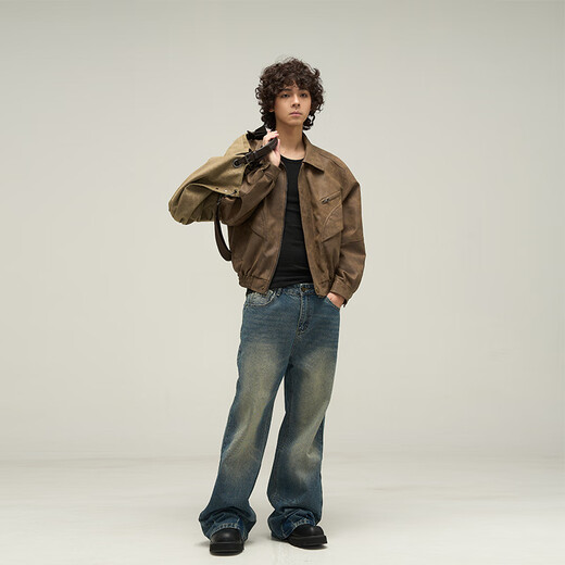 Weilang's shop American brown distressed leather jacket men's trendy brand handsome retro Maillard cotton jacket couple New Year Brown L