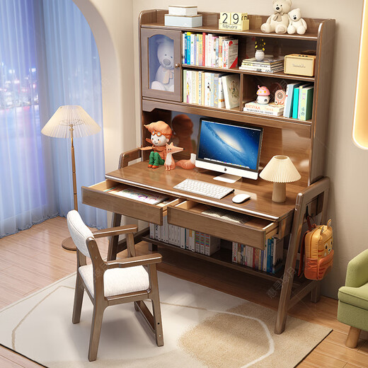 Huixun all solid wood children's study table bedroom lift desk bookshelf bookcase combination computer desk simple student writing desk walnut color #desk + bookshelf 80cm*60cm*75cm total height 195cm