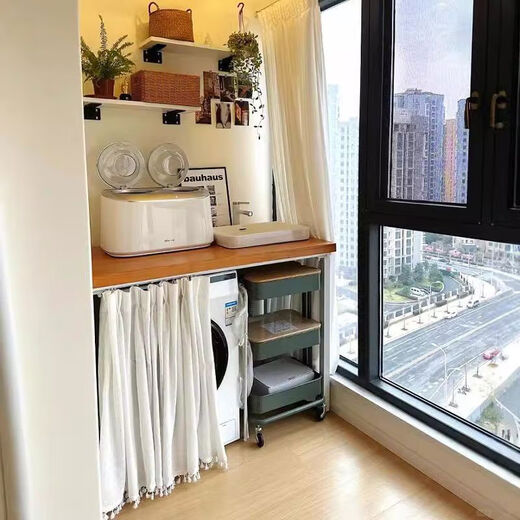 Shantou Lincun custom-made balcony washing machine cabinet top table solid wood countertop storage rack storage cabinet sink wash table leg 3 with frame