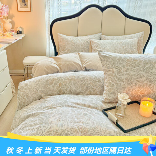 Mercury series home textile new 100% cotton four-piece set floral pure cotton brushed quick-warm autumn and winter thickened bed sheet duvet cover and fitted sheet three-piece set Flower Spike 100% cotton 1.5m fitted sheet set four-piece set 100% cotton