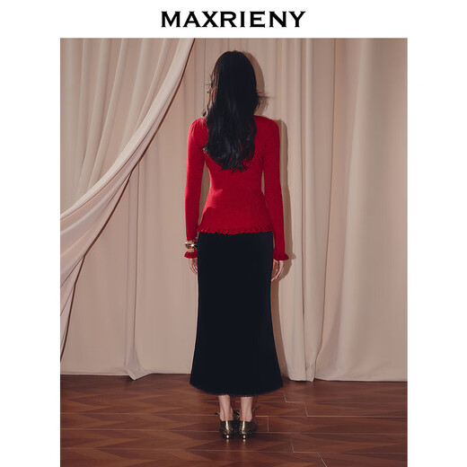 MAXRIENY French retro high-waist slit skirt 25 autumn jacquard fishtail skirt banquet dress black M