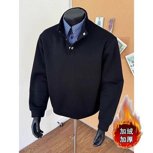 POUM American fake two-piece Polo shirt sweatshirt for men in autumn and winter old money style cleanfit silhouette Henry top OPXFS-W37 black regular M