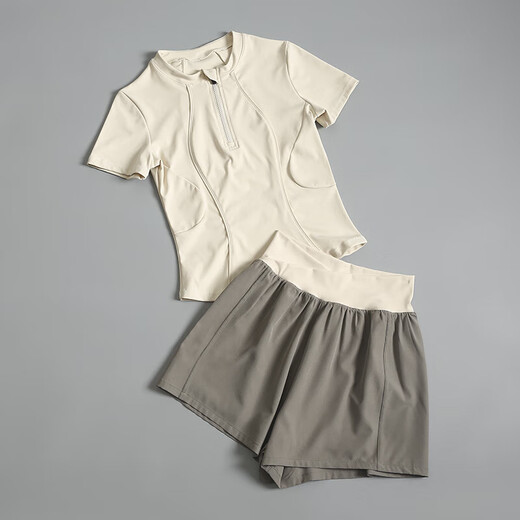 LULUNILEMON Lulu Sportswear Suit Women's Summer New Quick-Drying Fashion Internet Celebrity Pilates Training Fitness Running Yoga Wear Ivory + Khaki S