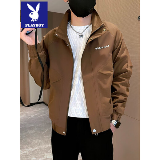Playboy trendy brand handsome stand-up collar jacket men's spring casual versatile men's jacket 2025 new high-end spring top black L recommended 115-130 Jin Jin equals 0.5 kg