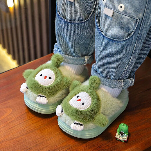 2025 Danzi Party Children's Cotton Slippers Cute Boys and Girls Indoor Cartoon Baby Slippers Keep Warm in Winter Light Green Danzi 32 Size 33 Inner Length 20.0CM