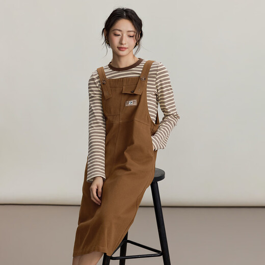 INMAN two-piece set 2025 autumn college retro Maillard striped long-sleeved T-shirt slit suspender skirt light brown S