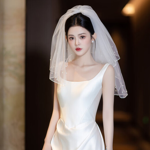 ROAR UTHAUG white imitation pearl double layer short fluffy wedding veil photo props bride wedding certificate veil white new short pearl veil