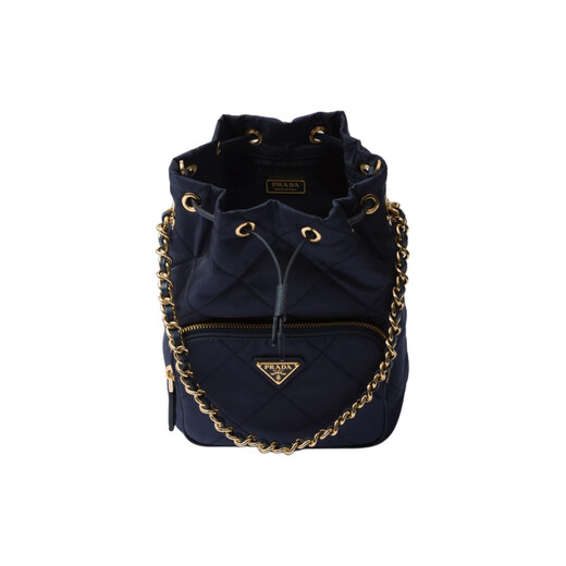 PRADA Enamel Metal Triangle Logo Drawstring Closure Fabric Bucket Bag Crossbody Hand Shoulder Bag Women's Blue Basic Pack (Bag + Dust Bag)