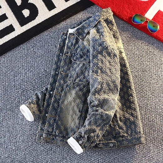 Kazuki Kuraishi KAZUKI KURAISHI American retro washed distressed jacquard high street denim jacket for men spring and autumn new fashion brand loose casual jacket for men yellow mud color XL 130-140Jin Jin equals 0.5 kg