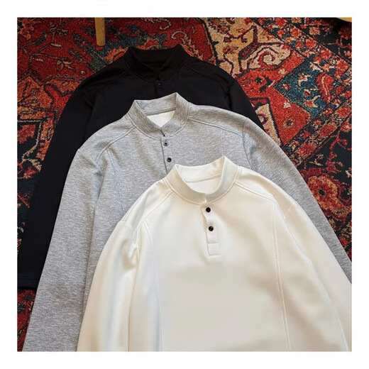 Chinese cotton splicing Hong Kong style color matching long-sleeved Polo shirt men's American retro loose sweatshirt high quality Henry collar black L