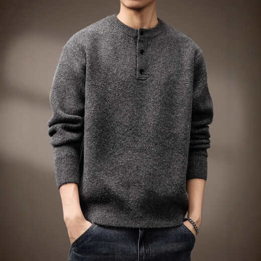 LUMILOTUS light luxury new brand high-end American retro wool sheep blended Henry collar sweater men's winter new thickening protection dark gray M suitable for 100-120Jin Jin equals 0.5 kg