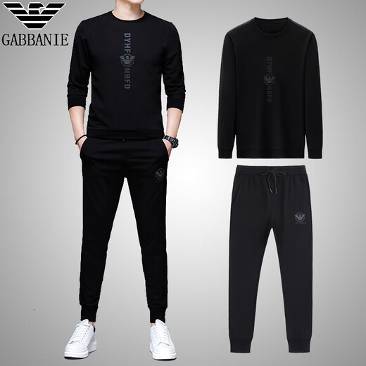 AX Armani Sports Suit Spring Men's Trendy Casual Two-piece Set Youth Mercerized Cotton Round Neck Long Sleeve Trendy Black 9320 M 165