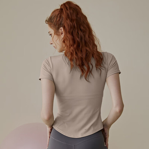 Women's summer Pilates training sports short-sleeved T-shirt suit fitness top with chest pad yoga wear, brown short-sleeved XL