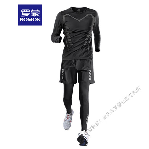 ROMON sports suit men's running gym clothes spring quick-drying clothes tight long-sleeved morning running training spring and autumn cycling clothes three-piece set, J10+JK04+J17 5XL recommended 200-220Jin Jin equals 0.5 kg
