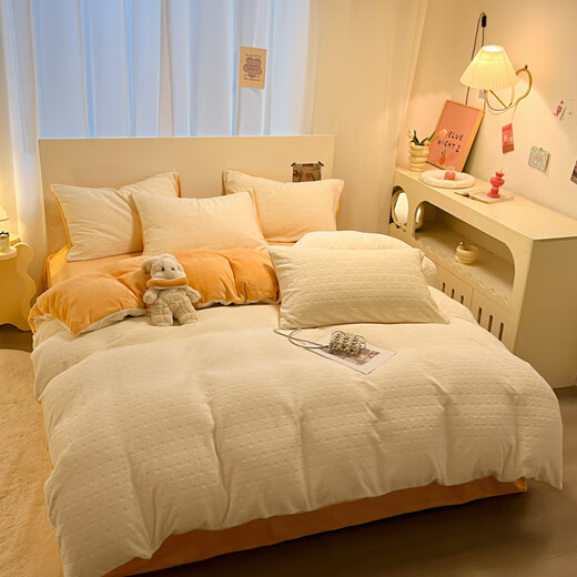 La Chapelle milk velvet four-piece set winter 2025 new flannel baby bed sheet quilt cover bedding woven pattern-white orange bed sheet style 1.5m four-piece set