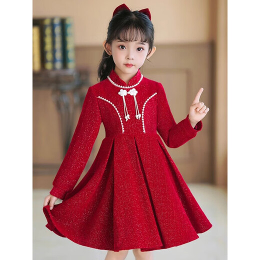 Girls dress winter girls dress autumn and winter little girl Chinese style retro princess dress children beautiful red plus velvet (without pendant) 100 cm