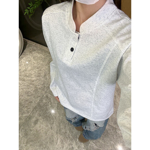 Jiaojinghua gray henley collar long-sleeved t-shirt men's autumn cleanfit right shoulder polo shirt heavy loose base sweatshirt black 3XL