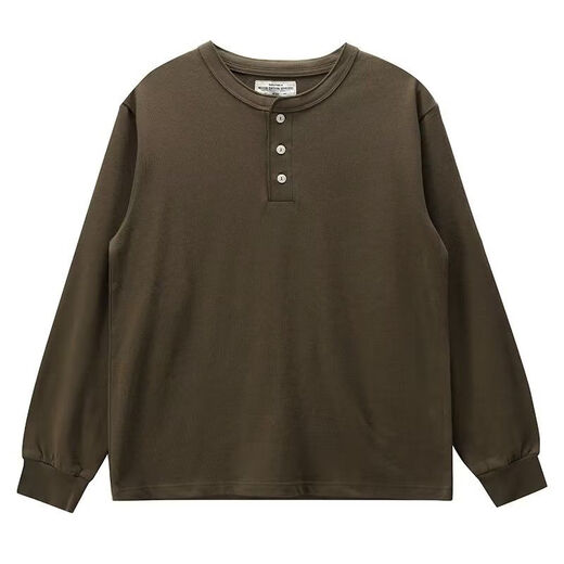 Yuandi Henry Collar Long Sleeve American Retro Long Sleeve T-Shirt Men's Simple Ami Khaki Heavy Henley Collar Bottoming Shirt Men Gray M