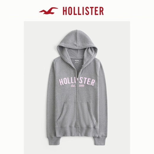 HOLLISTER25 Autumn and Winter New American Retro Fleece Patch Hooded Sweatshirt Jacket Women's 352-5251 Gray S (165/84A)