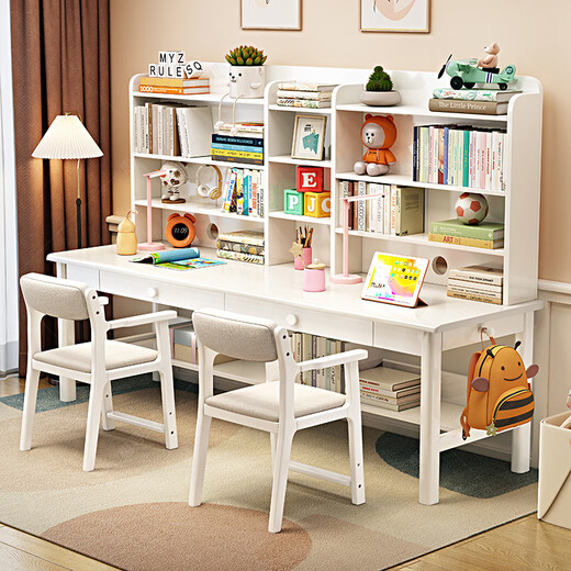 Huixun solid wood double desk bookshelf integrated study table wall long table home bedroom primary and secondary school students writing desk walnut color #double desk + bookshelf 160cm*60cm*75cm total height 155cm