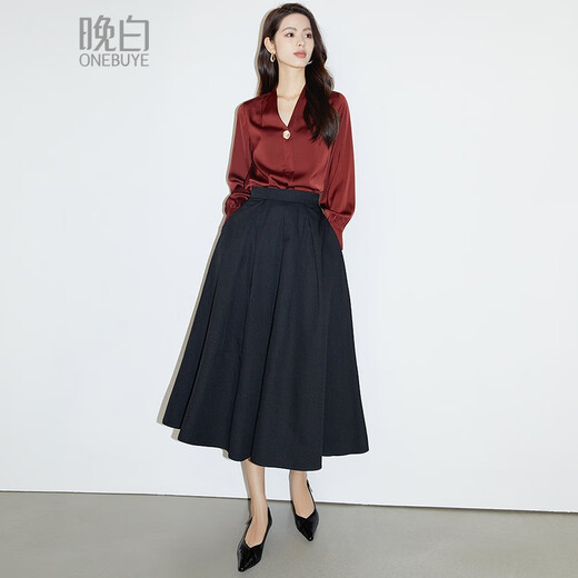 Late White Exclusive 2025 Autumn Fashionable and Western Style Top Chinese Red Long Sleeve Shirt Women's Shirt Dark Red M