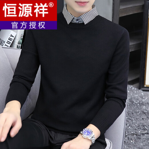 Hengyuanxiang relaxed Henry collar fake two-piece sweater casual versatile sweater for men/ready in stock Khaki M (90-110Jin Jin equals 0.5kg)