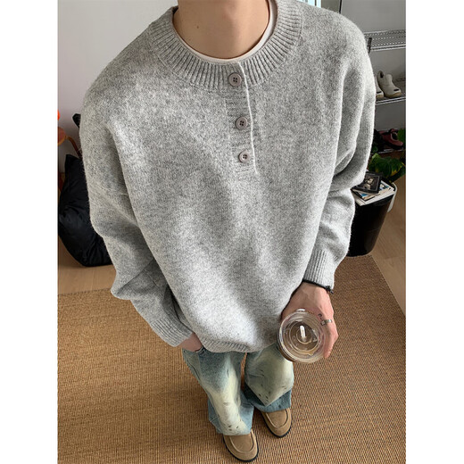 Huanyi Dongguan Dalang Knitted Sweater Men's 2025 New Gray American Retro Henley Collar Sweater Men's Autumn and Winter Style Lazy Style Light Gray M