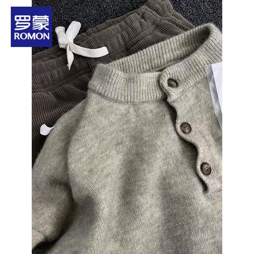 Romon cleanfit old money style Henry collar sweater men's autumn and winter style American retro pullover sweater base floral gray upgraded style M