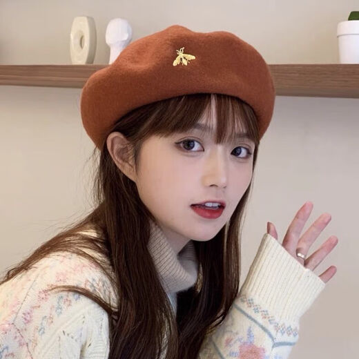 Bisi Sheep thickened woolen beret women's autumn and winter Korean version Japanese literary versatile painter's octagonal hat British retro trend caramel hairpin