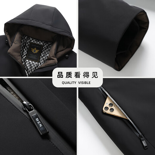 Woodpecker (TUCANO) cotton-padded jacket for men, thickened velvet, winter jacket, middle-aged and elderly men's cotton-padded jacket, fashionable and warm daddy jacket, black (thick velvet + removable hood) XL (135-155Jin Jin equals 0.5kg)