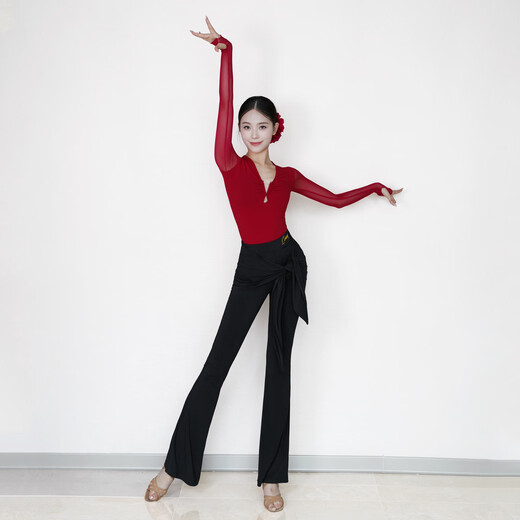 CONNY autumn and winter new high-end Latin dance clothing daily training uniform set special tops and pants for women adults cinnabar red long-sleeved one-piece top 3XL