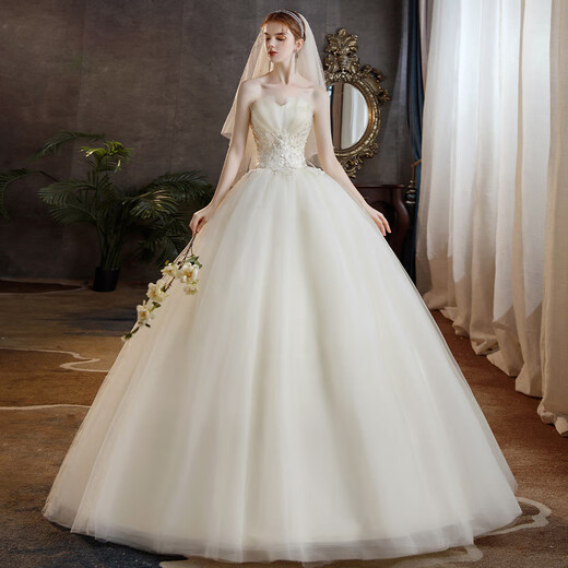 LNGA LANDGRE tube top main wedding dress 2025 new bride temperament slimming forest style super fairy fantasy floor-length simple French gauze skirt white floor-length wedding dress plus three-piece set_White S