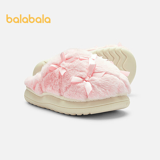 Balabala children's cotton slippers girls baby autumn and winter cotton shoes plus velvet indoor home shoes bow