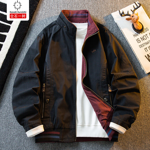 Kuraishi Kazuki retro American handsome stand-up collar hunting jacket men's spring and autumn trendy men's casual reversible jacket men's autumn khaki/military green reversible XL (recommended 136-150Jin Jin equals 0.5 kg)