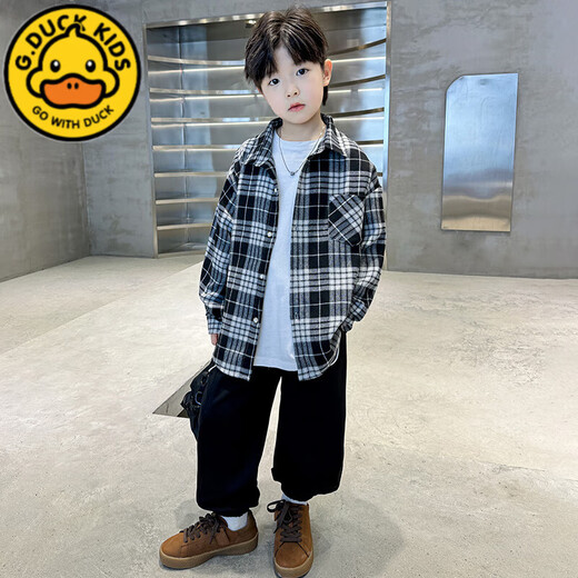 G.duck children's clothing boys' shirts spring and autumn 2025 new spring clothing big children plaid boys spring coat shirt trend black spring and autumn 120 cm
