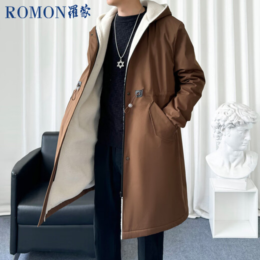 ROMON windbreaker jacket men's mid-length velvet thickened men's coat casual hooded handsome business black XL