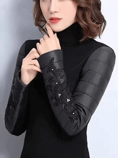 CARSEMKEITN Down Sleeves Cotton Sleeves Bottoming Shirt Women's Winter Sleeves Thickened Warm Sweater with Fur Vest, Diamond Cloth Model (Fully Velvet) High Collar L (111-125Jin Jin is equal to 0.5kg)